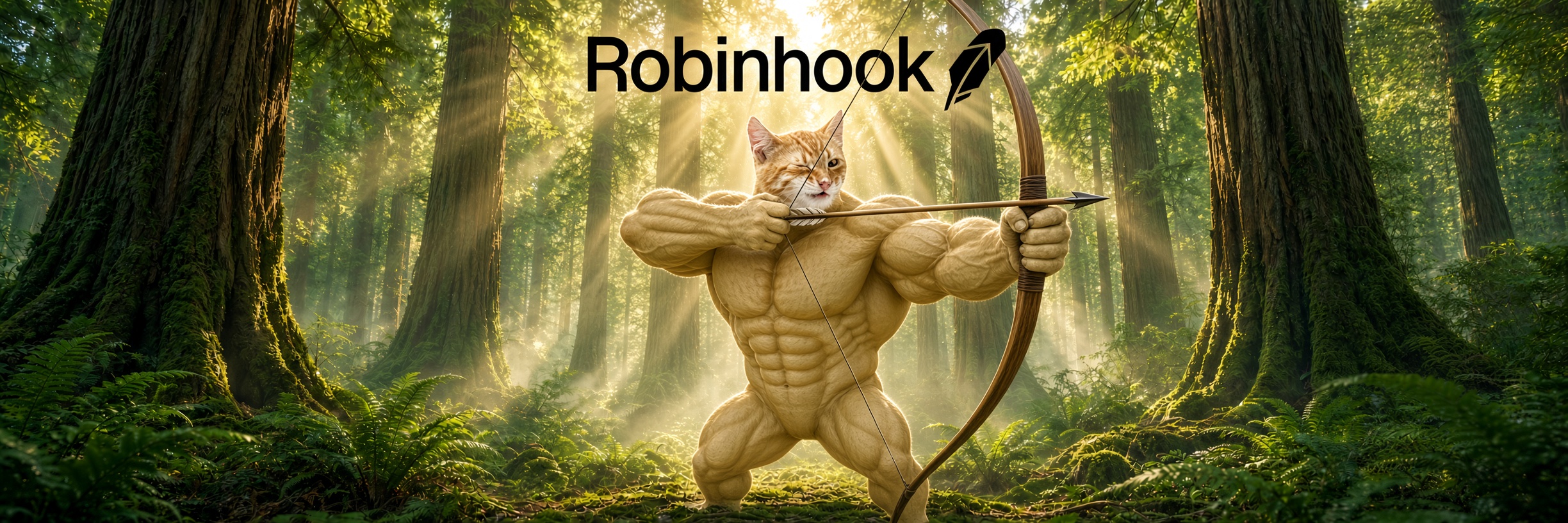 Buff cat Robin Hood drawing a bow in the forest