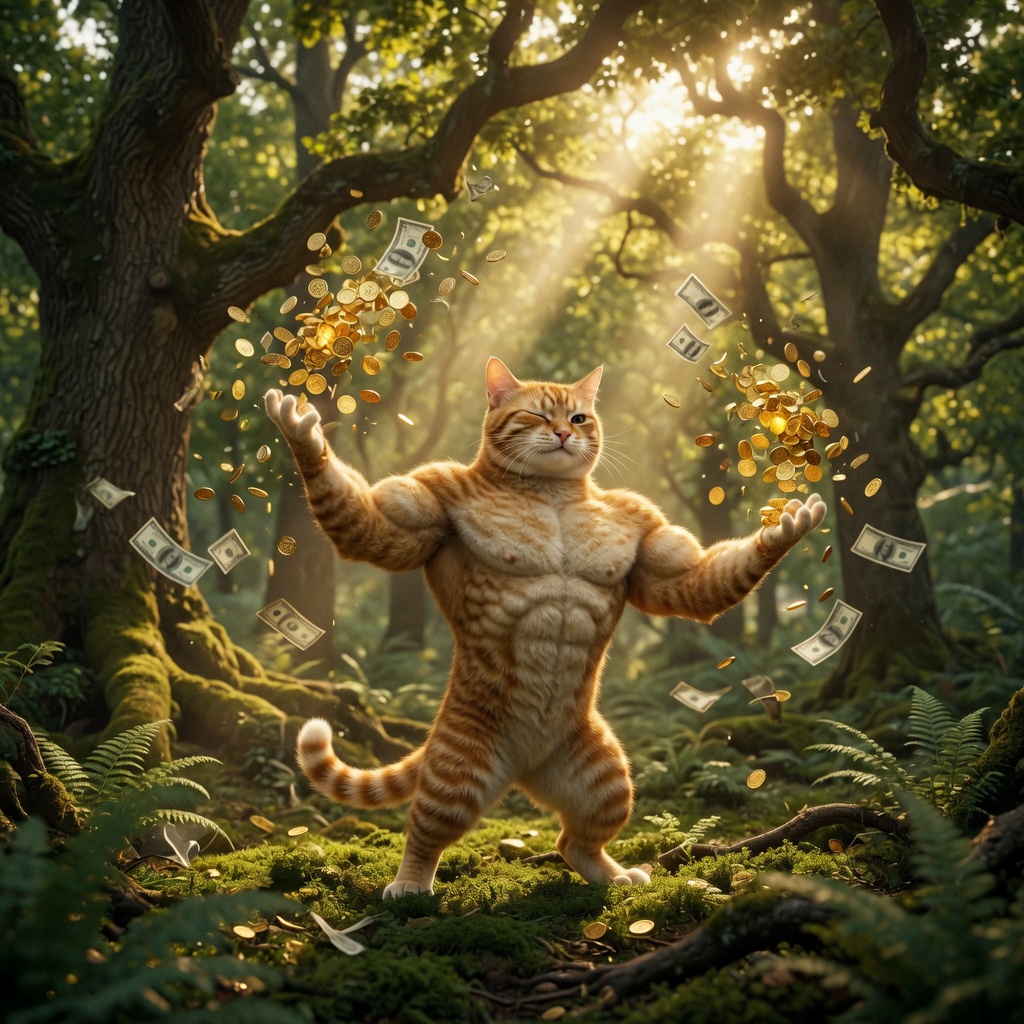 Buff cat throwing gold coins and cash in the forest
